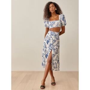 Reformation Jonas Linen 2 Piece Skirt Top Floral Sz 6 Blue White Set Resort